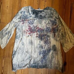 Brittany Black cream floral lace long sleeve whimsygoth tee shirt SIZE XL